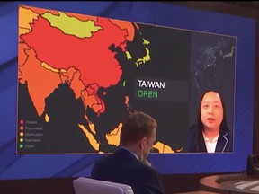 Screen grab of the Minister Tang's presentation depicting China and Taiwan in two different colours