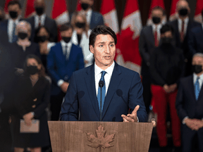 Prime Minister Justin Trudeau speaks at a news conference after his cabinet was sworn in, in Ottawa, on October 26, 2021.