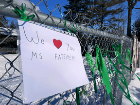 A sign of support for teacher Fatemeh Anvari outside Chelsea Elementary School on December 9, 2021.