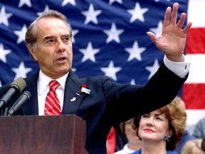 Republican presidential candidate Bob Dole makes a point during a Memorial Day speech in Clifton, N.J., on May 27, 1996.