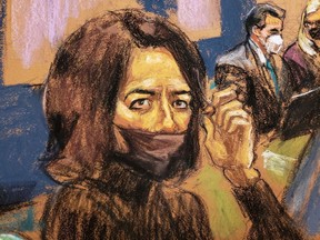 Jeffrey Epstein associate Ghislaine Maxwell sits in the courtroom to hear a note from the jury in a courtroom sketch in New York City, U.S., December 21, 2021