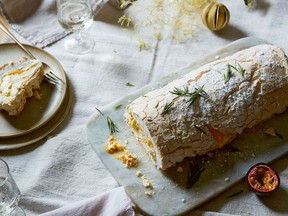 Meringue roulade with clementine curd, cream and passion fruit from Sea & Shore