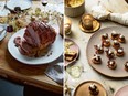 Christmas glazed ham with clementines and cloves, left, and goat's cheese and caramelized red onion tartlets from Sea & Shore