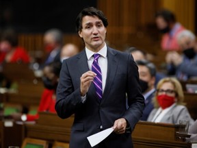 Prime Minister Justin Trudeau speaks in response to the Throne Speech in the House of Commons on November 30, 2021.