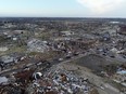Aerial view of damage after a tornado tore through, in Mayfield, Kentucky, U.S., December 11, 2021, in this still image taken from a video. Video taken with a drone. Michael Gordon/Storm Chasing Video via REUTERS   ATTENTION EDITORS -  THIS IMAGE HAS BEEN SUPPLIED BY A THIRD PARTY. MANDATORY CREDIT. NO RESALES. NO ARCHIVES. NO NEW USES AFTER JANUARY 9, 2022. NO USE: NETWORK NEWS SERVICE, CBS NEWS, CNN, NBC NEWS, WEATHER NATION, WEATHER CHANNEL, WEATHER.COM, ACCU WEATHER CHANNEL, YOUTUBE