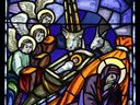 The stained glass nativity window by Leo Mol at Saint Demetrios Greek Orthodox Church in Winnipeg Manitoba, on Dec. 6, 2021.