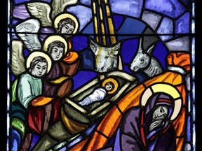 The stained glass nativity window by Leo Mol at Saint Demetrios Greek Orthodox Church in Winnipeg Manitoba, on Dec. 6, 2021.