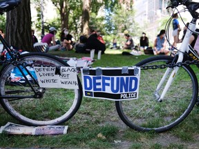 A group of protesters congregate in a small park in New York on June 24, 2020.