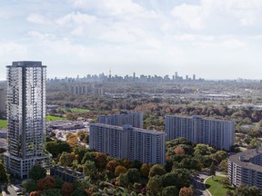 Metro Park will contain 552 suites spread over two towers and two blocks of three-storey townhomes designed by North York’s Kirkor Architects.