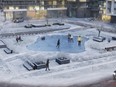 The ME Living condo community, located at Markham and Ellesmere, features a courtyard with a reflecting pool that gets transformed into a skating rink in winter.