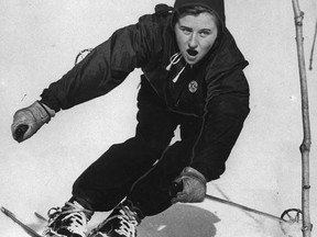 Canadian skier Ann Heggtveit takes a corner on a ski run in the Laurentians in this 1954 photo.