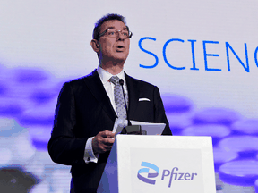 Pfizer CEO Albert Bourla at a press conference in April 2021.