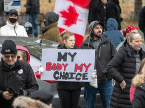 People gather to protest COVID-19 vaccine mandates and masking measures during a rally in Kingston, Ont., on November 14, 2021.