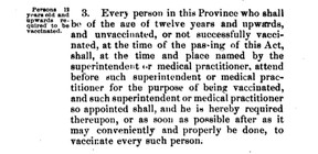 Detail eines Gesetzes aus dem Jahr 1886 auf Prince Edward Island, das die Pockenimpfung für jeden Einwohner über 12 vorschreibt. Diejenigen, die sich weigerten, sich impfen zu lassen, mussten mit einer Geldstrafe von fünf Dollar rechnen.