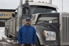 Corey Bayne a truck driver at the Vaughan convoy takeoff to show his support. Credit: Rachel Parent/National Post