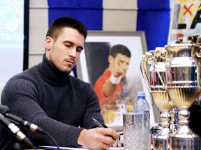 Serbian tennis player Novak Djokovic's brother Djordje holds a press conference in Belgrade, on January 10, 2022, after a judge in Australia overturned the cancellation of his brother's visa over his Covid-19 vaccination status.