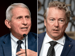 Dr. Anthony Fauci, left, and Sen. Rand Paul at a U.S. Senate health committee meeting on January 11, 2022. Fauci said Paul was focused on misinformed attacks rather than oversight aimed at addressing the COVID-19 health care crisis.