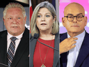 Spitzenreiter bei den Wahlen in Ontario: Doug Ford, Führer der progressiven Konservativen, Andrea Horwath, Führer der NDP, und Steven Del Duca, Führer der Liberalen.