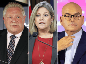Ontario election frontrunners: Progressive Conservative leader Doug Ford, NDP leader Andrea Horwath and Liberal leader Steven Del Duca.