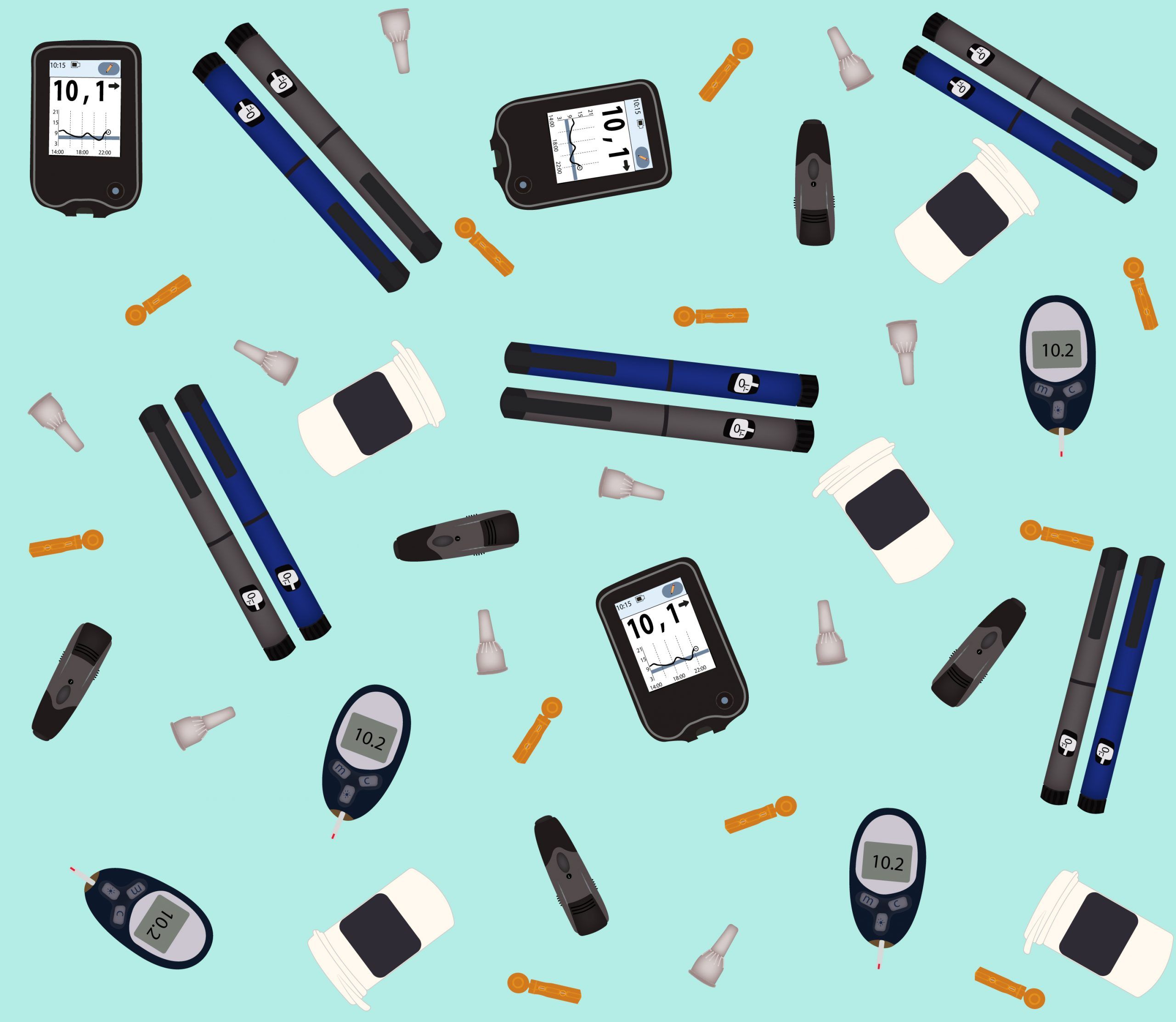 Diabetes equipments - seamless pattern. Usable for different purposes.