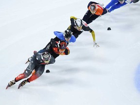 Canada's Charles Hamelin competes in the men's 1500m finals during the 2021/2022 ISU World Cup Short Track, part of a 2022 Beijing Winter Olympic Games test event, at the Capital Indoor Stadium in Beijing on October 23, 2021.