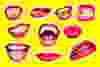 Female lips with different emotions on yellow background. Modern design, contemporary creative art collage. Inspiration, idea, trendy urban magazine style, fashion and style. Copyspace for your text or ad.