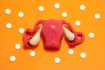Anatomical model of the uterus with appendages is on an orange background - the color of danger for the emergence and presence of diseases of the female reproductive sphere, surrounded by white pills
