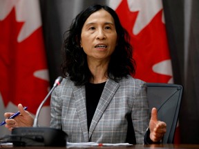 Chief Public Health Officer Dr. Theresa Tam, shown on March 23, 2020, says Canada's hospitals are still under intense strain despite signs Omicron cases are peaking.