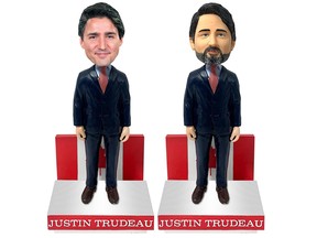 Ein neuer bärtiger Trudeau Wackelkopf, rechts, und ein künstlerischer Eindruck, wie die glatt rasierte Version aussehen wird, links.