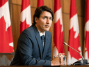 Prime Minister Justin Trudeau speaks during a news conference on January 19, 2022 in Ottawa. On Friday, Trudeau announced Canada would loan $120 million to Ukraine. Trudeau said it was one of the 