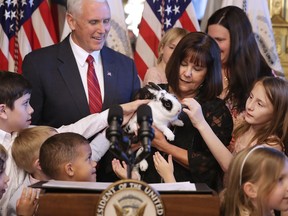 Vice President Mike Pence and his wife Karen Pence let children pet their family rabbit "Marlon Bundo" during and event with military families celebrating National Military Appreciation Month and National Military Spouse Appreciation Day in the Eisenhower Executive Office Building May 9, 2017 in Washington, DC.