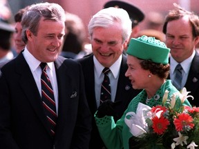 Queen Elizabeth II was met by Prime Minister Brian Mulroney and Governor General Jeanne Sauve in Moncton, N.B., after arriving for a two-week visit to Canada, Sept. 24, 1984