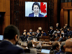 Prime Minister Justin Trudeau virtually attends question period in the House of Commons on January 31, 2022.