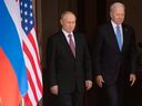 US-Präsident Joe Biden und Russlands Präsident Wladimir Putin beim US-Russland-Gipfel in der Villa La Grange in Genf, Schweiz, 16. Juni 2021. Saul Loeb/via REUTERS