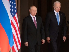 U.S. President Joe Biden and Russia's President Vladimir Putin at the U.S.-Russia summit at Villa La Grange in Geneva, Switzerland June 16, 2021. On Tuesday, when Biden was asked by a reporter about whether he could see Putin facing U.S. sanctions, he said, "Yes. I would see that."