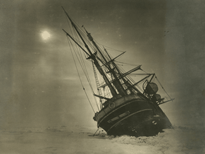 In one of Frank Hurley’s iconic photographs, the Endurance leans to port as she is trapped in the ice during the Imperial Trans-Antarctic Expedition, 1914-17, led by Ernest Shackleton.