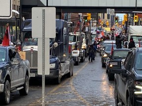 Gridlocked traffic extends east for at least 1.6 km on Sussex Drive from Wellington Street late on the afternoon of Sunday, January 30, 2022.