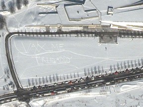 A satellite image taken on January 29, 2022 shows the words