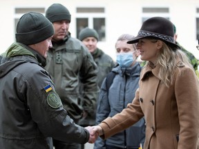 Canadian Foreign Minister Melanie Joly visits the international training center of Ukrainian National Guard in the village of Stare in Kyiv Region, Ukraine January 18, 2022.