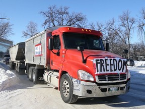 A trucker taking part in the Freedom Convoy in front of the Manitoba Legislative Building in Winnipeg on Mon., Jan. 24, 2022.  KEVIN KING/Winnipeg Sun/Postmedia Network
