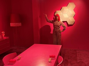 In a a brilliantly lit, vermilion-resplendent room, a mannequin-like mime begins a robotic dance and encourages/requires us to dance with her.