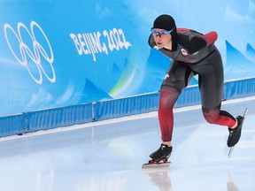 De Canadese Evanni Blondin schaatst op de 5.000 m training in de National Speed Skating Oval op de Olympische Winterspelen van 2022 in Peking op maandag 31 januari 2022. Gavin Young/Postmedia