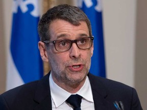 Quebec Conservative Party Leader Éric Duhaime speaks to the media at the provincial legislature in Quebec City on June 18, 2021.