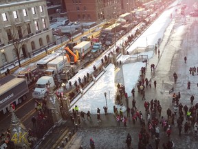 A drone view shows trucks and protesters lined up at Wellington St. outside Parliament Hill on 28 January 2020.