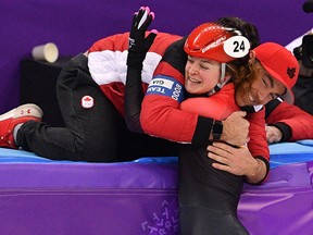 Canada's Kim Boutin celebrates silver after the women's 1,000m short track speed skating final event during the Pyeongchang 2018 Winter Olympic Games.