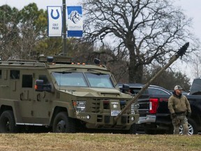 An armored law enforcement vehicle is seen in the area where a man has reportedly taken people hostage at a synagogue during services that were being streamed live, in Colleyville, Texas, U.S.