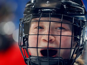 sports sports Canada's women's ice hockey player Micah Zandee-Hart reacts during a training session at the Wukesong Arena ahead of the Beijing 2022 Winter Olympics.