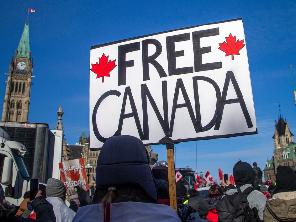 Protesters gather around Parliament Hill in Ottawa for the Freedom Convoy protest on Jan. 30.