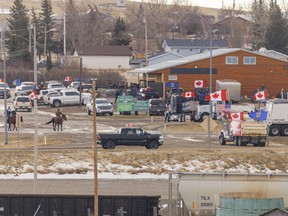 Looking south across Highway 4 past the blockade into Coutts, Ab., on Saturday February 5, 2022. Mike Drew/Postmedia