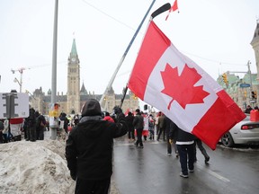 Freedom Convoy demonstration in front of Parliament Hill on Wellington St in Ottawa, February 09, 2022.